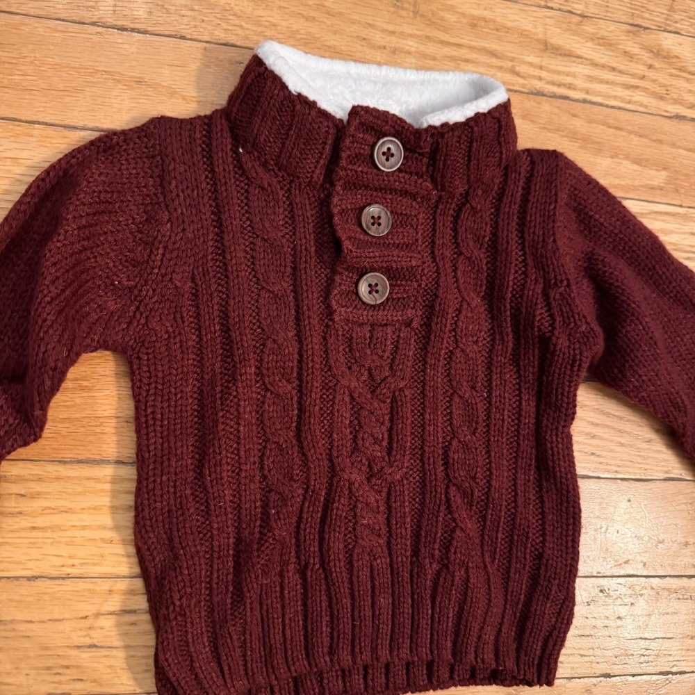 Little Lad Baby Boys Burgundy Cable Knit Sweater Fleece Mock Neck Maroon 12M
